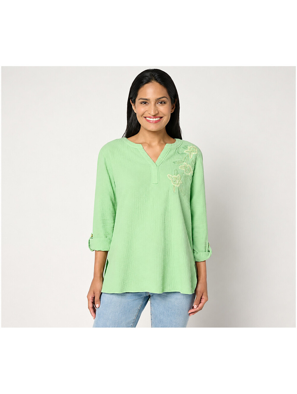 Susan Graver PURE Regular Getaway Gauze Embroidered Tunic Honeydew Green X-Large